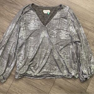 Anthropologie Shimmering Silver V-Neck Blouse